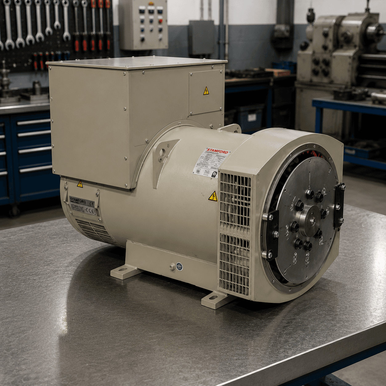 Industrial alternator on a workshop bench for generator power output