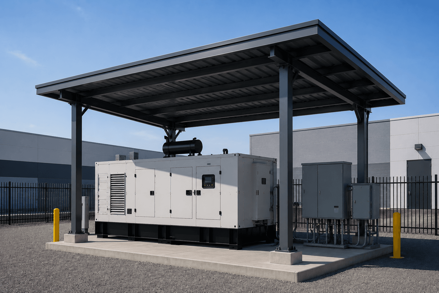 Outdoor generator canopy installation protecting standby power equipment