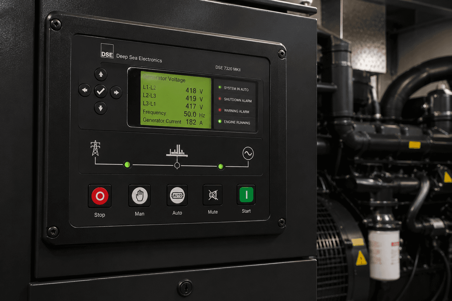 Deep Sea Electronics generator controller operating on an industrial genset panel