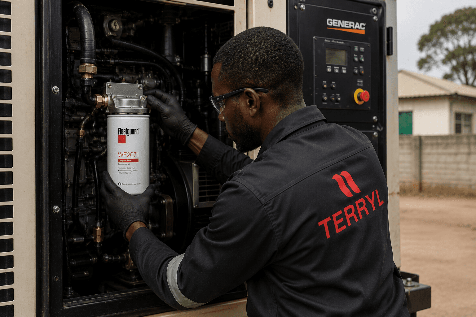 Terryl technician installing a filter in a generator engine